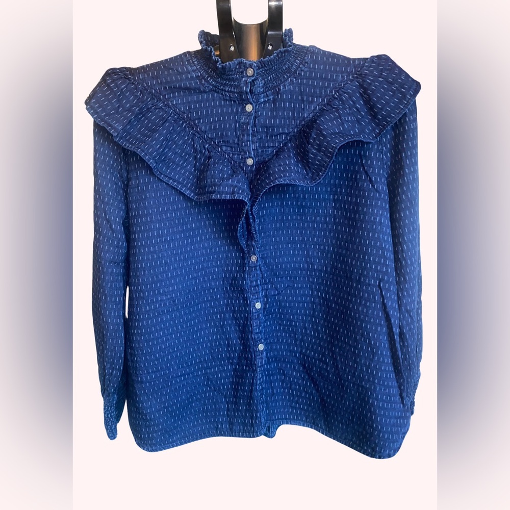LOFT Dobby Blue Ruffled Cuffed Sleeve Blouse Size L